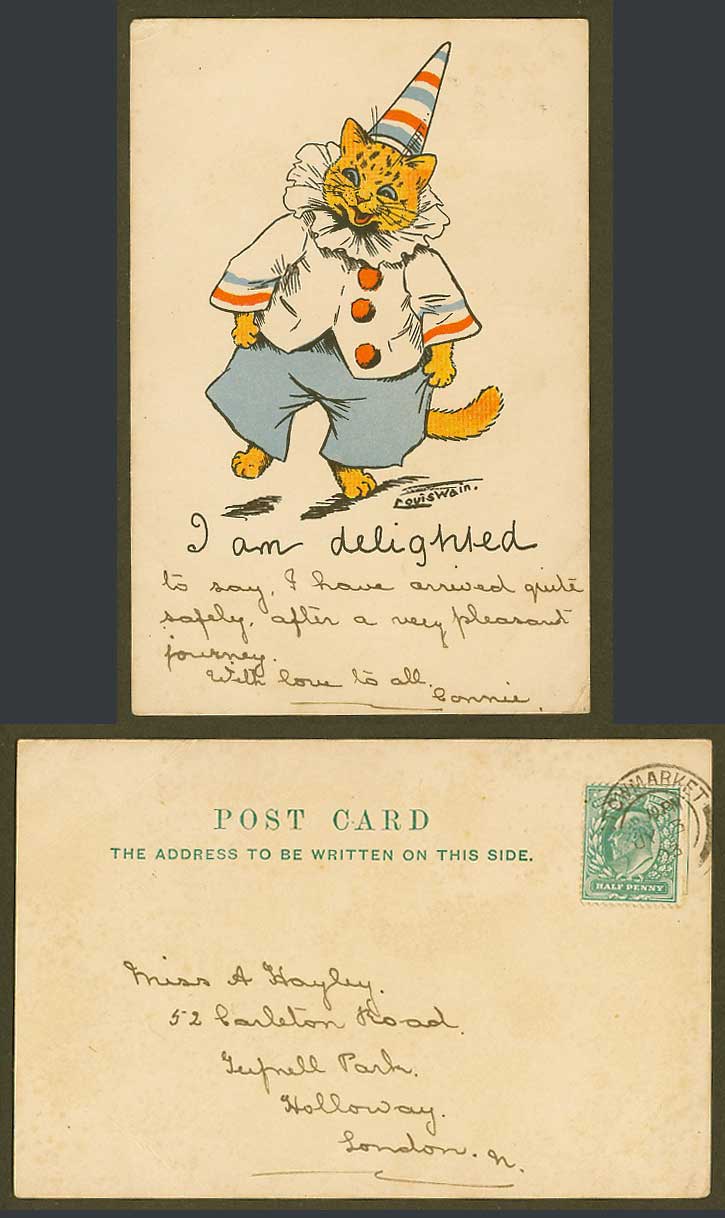 LOUIS WAIN Artist Signed Cat, Clown, I'm delighted, Write Away 1903 Old Postcard