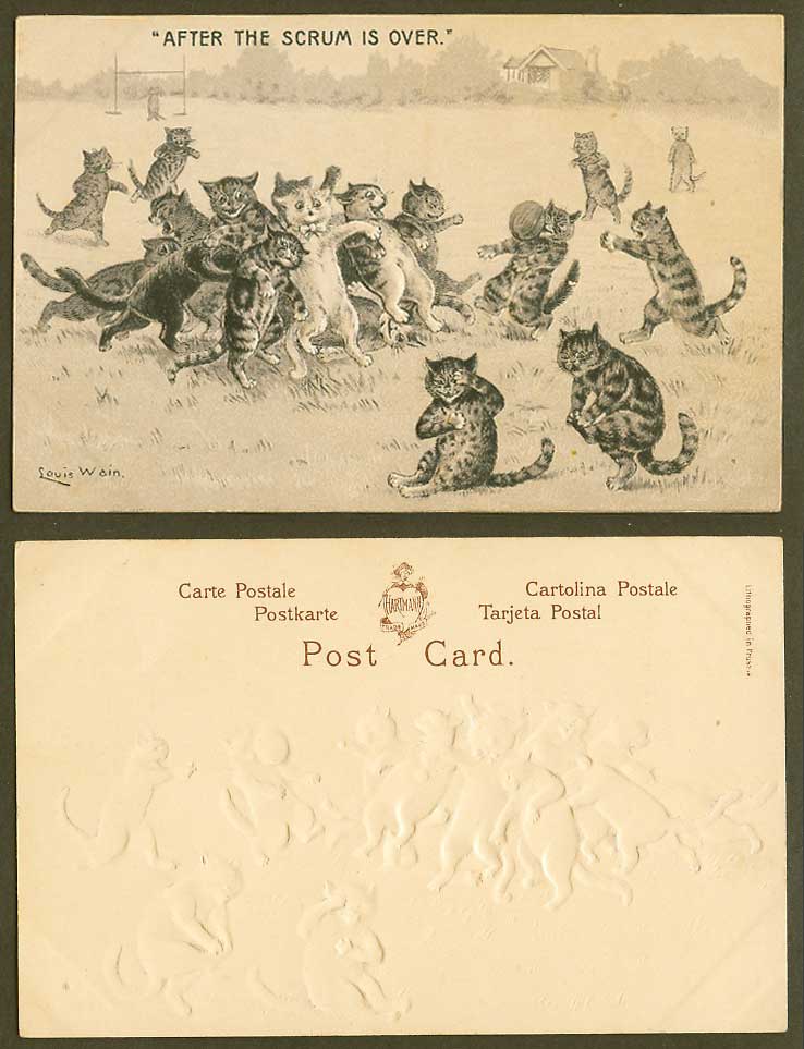 Louis Wain Artist Signed Cats Rugby Football After Scrum is Over Old UB Postcard