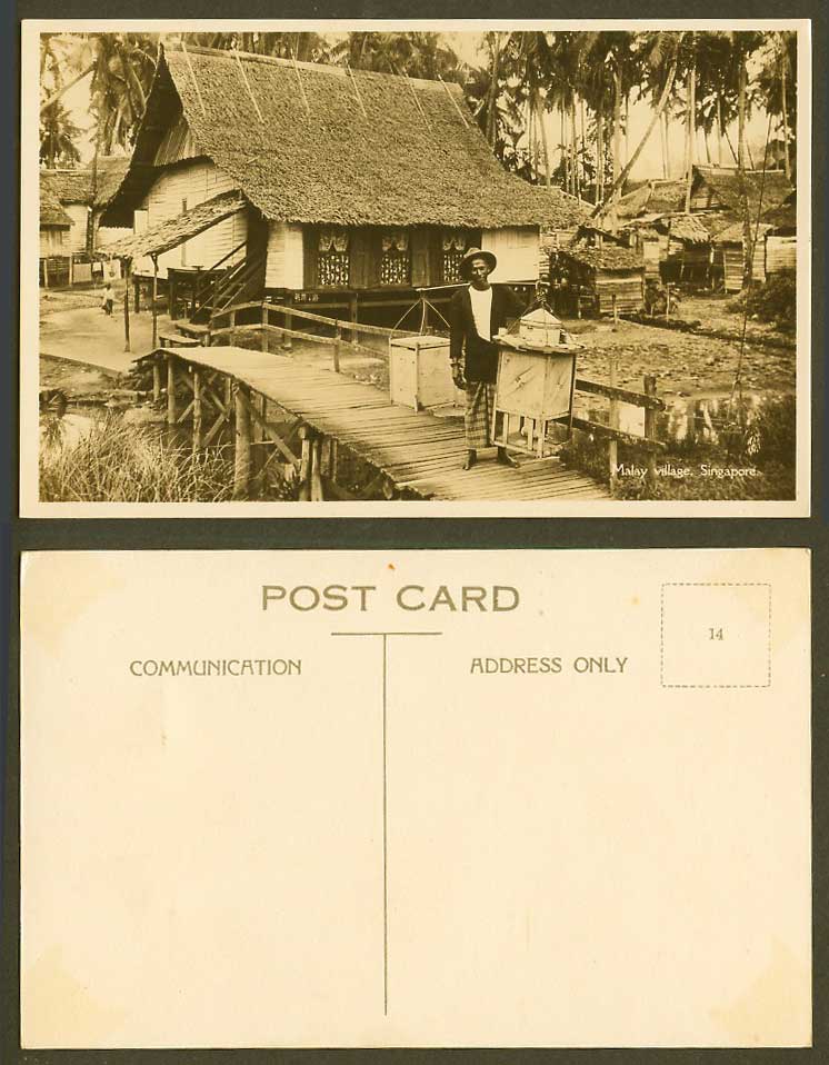 Singapore Old Real Photo Postcard Malay Village - Native Coolie Seller on Bridge