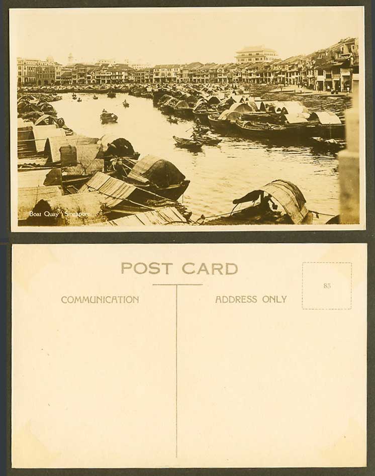 Singapore Old Real Photo Postcard BOAT QUAY Harbour Sampans Boats River & Street