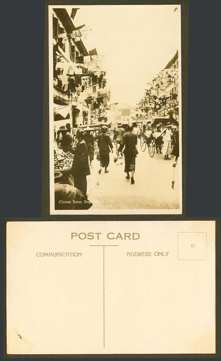 Singapore Old Real Photo Postcard Chinese Street Scene Rickshaw Coolie and Women
