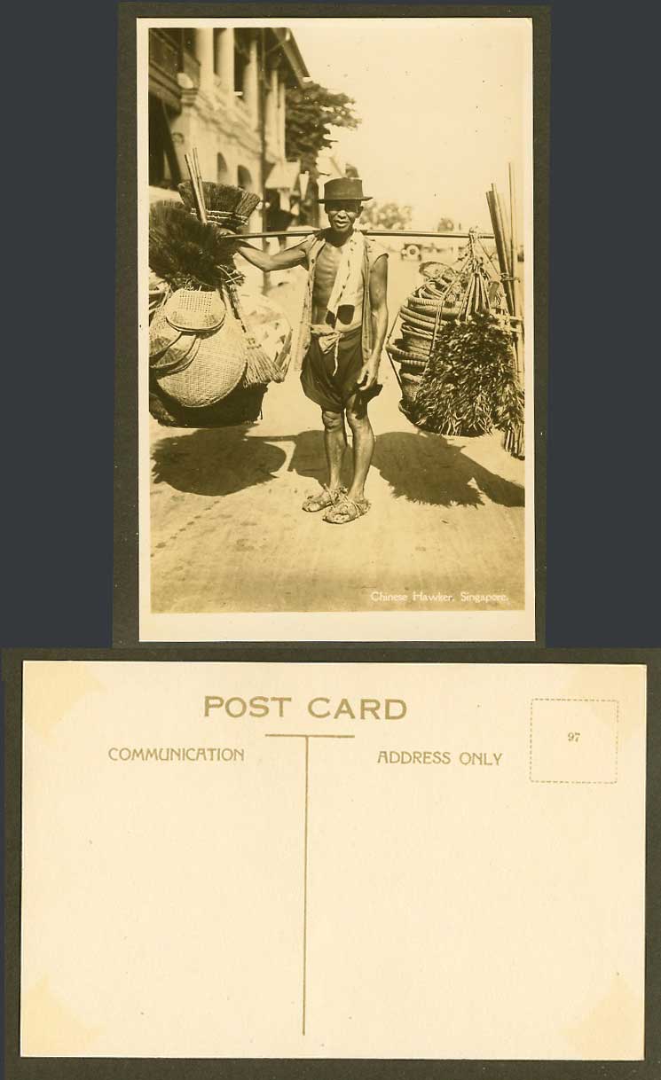 Singapore Old Real Photo Postcard Chinese Hawker Seller Vendor Man, Street Scene