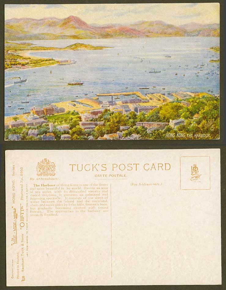 Hong Kong China Old Tuck's Oilette Postcard The Harbour Hill Boat Ships Panorama