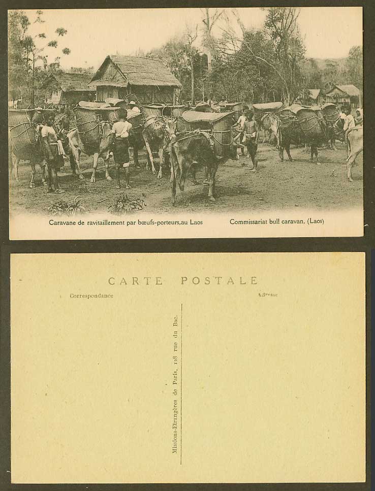 Laos Old Postcard Commissioner Bull Caravan Re-supply Cattle Village Street View
