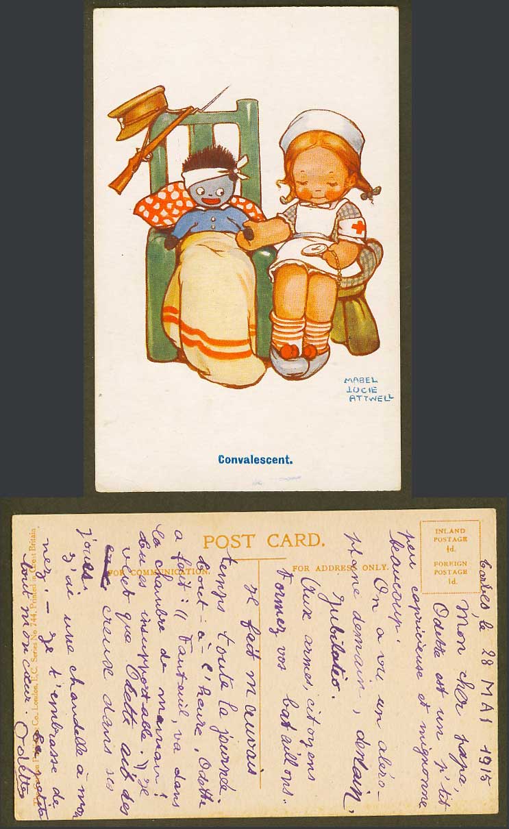 MABEL LUCIE ATTWELL 1915 Old Postcard Convalescent, Red Cross, Doll, Toy Soldier