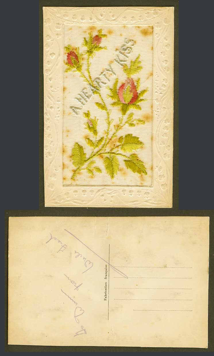 WW1 SILK Embroidered French Old Embossed Postcard, A Hearty Kiss, Flower Flowers