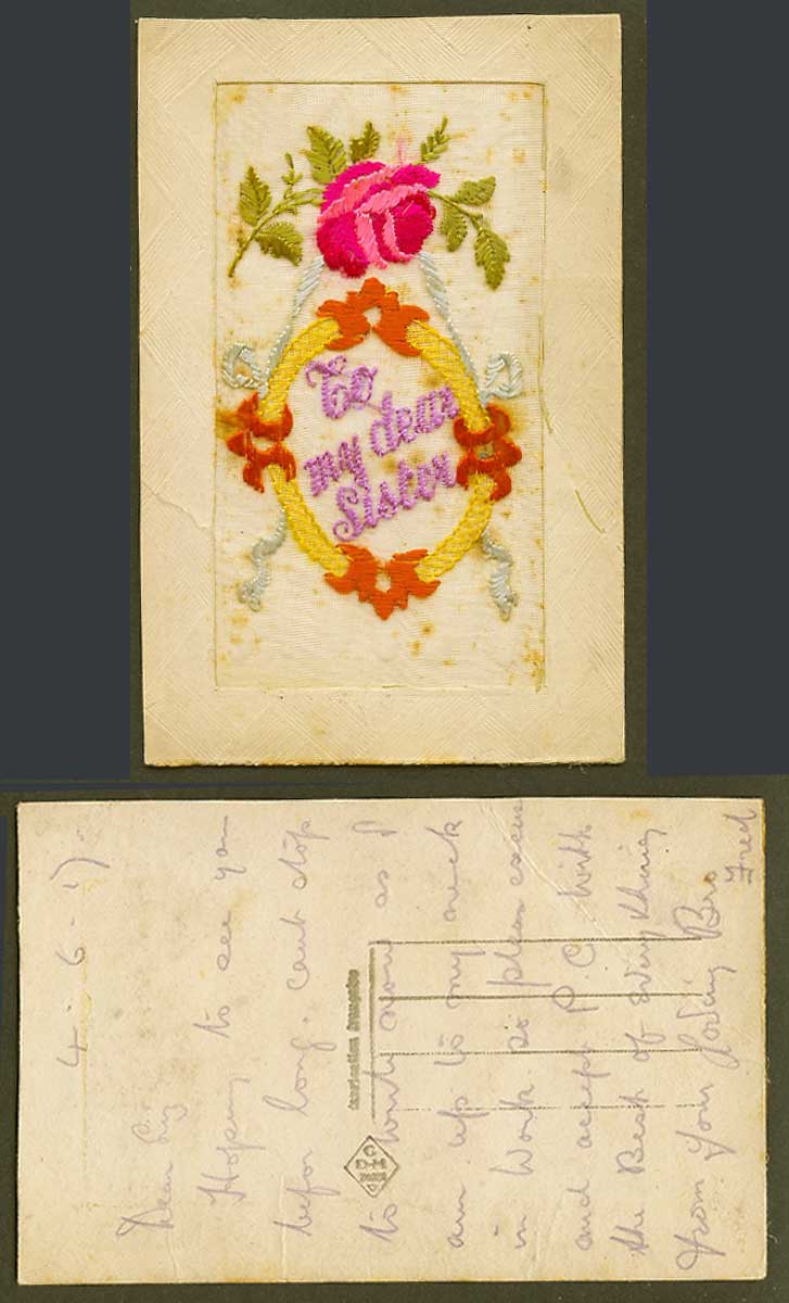 WW1 SILK Embroidered French 1917 Old Postcard To My Dear Sister Pink Rose Flower
