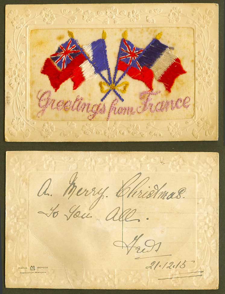 WW1 SILK Embroidered 1915 Old Postcard Greetings from France, French Flag Flags
