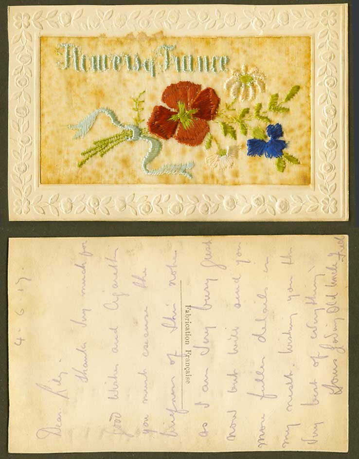WW1 SILK Embroidered 1917 Old Postcard Flowery Future, a Bunch of Flowers Flower