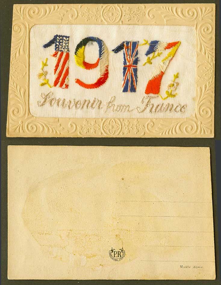 WW1 SILK Embroidered Souvenir from France 1917 Old Postcard USA & British Flags