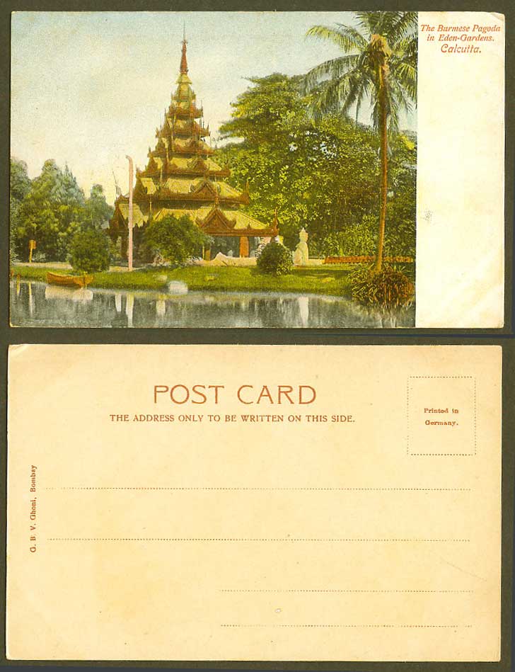 India Old Colour UB Postcard Burma Burmese Pagoda Eden Gardens Calcutta LakeBoat