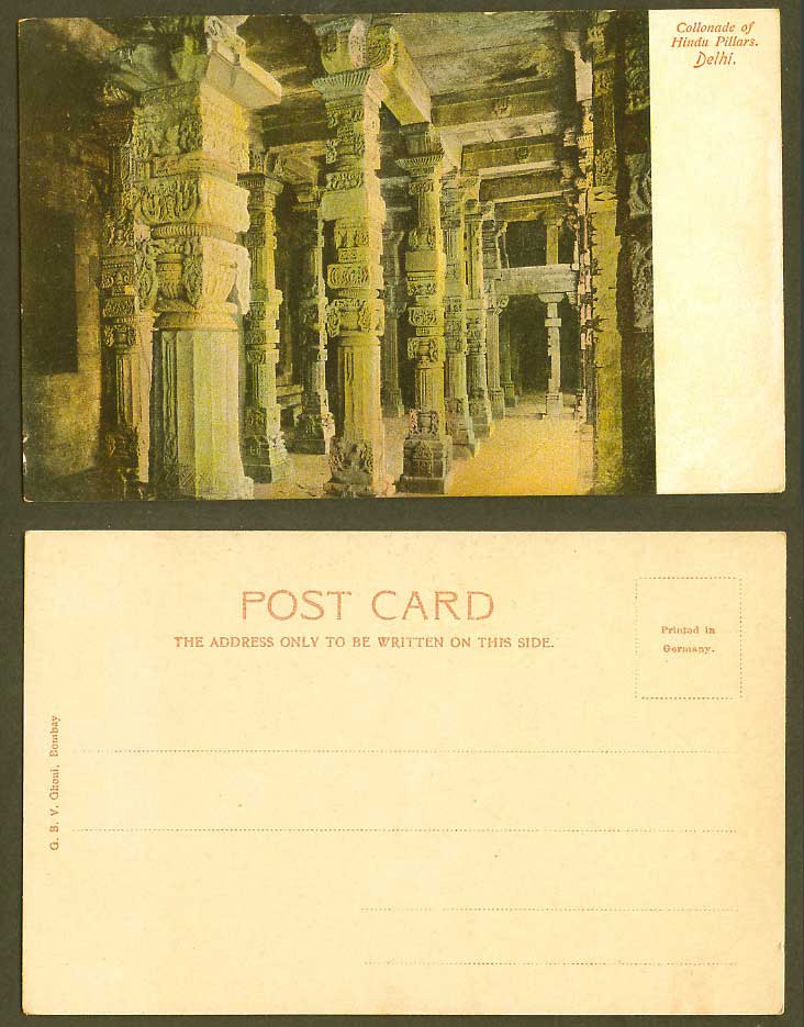 India Old Colour UB Postcard Collonade Hindu Pillars Delhi RaiPithora Temple GBV