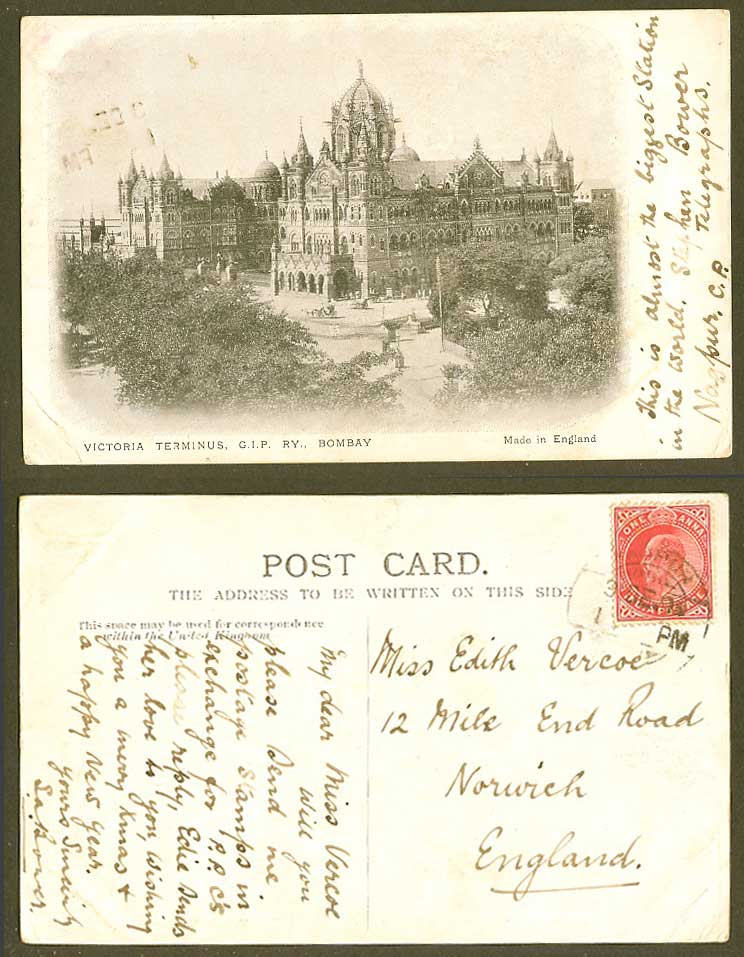 India 1903 Old Postcard Victoria Terminus G.I.P.Ry Railway Station Street Bombay