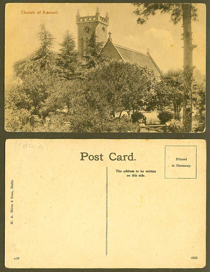 India Old Postcard Church of Kasouli Kasauli Clock Tower H.A. Mirza & Sons Delhi