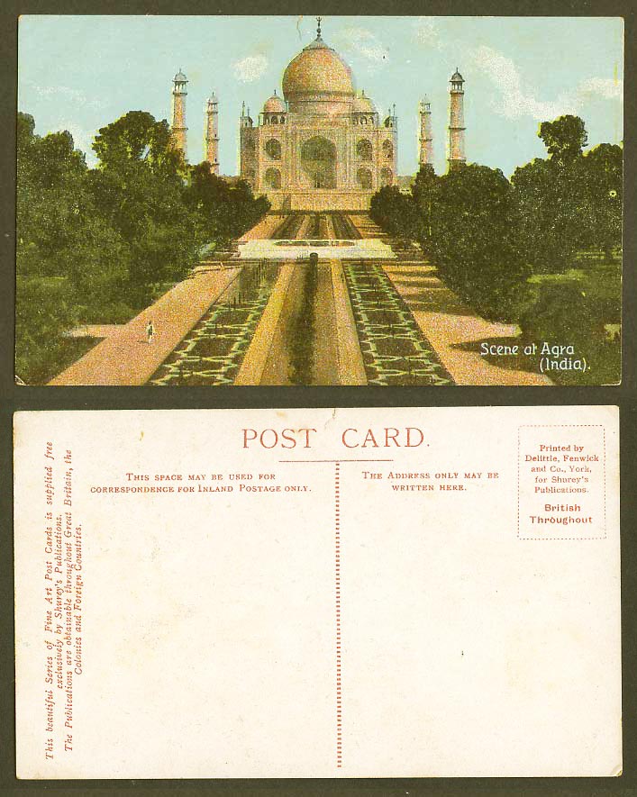 India Old Colour Postcard Agra The TAJ MAHAL Fountain & Garden Shurey's Fine Art