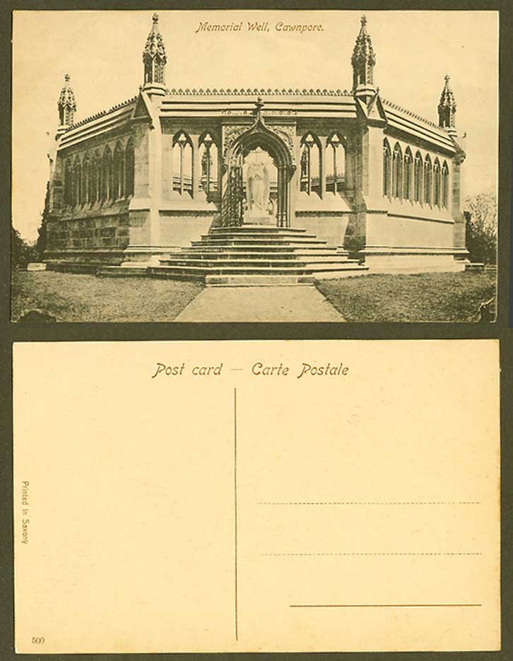 India Old Postcard Memorial Well Angel Statue Steps Gate Cawnpore Kanpur No. 500