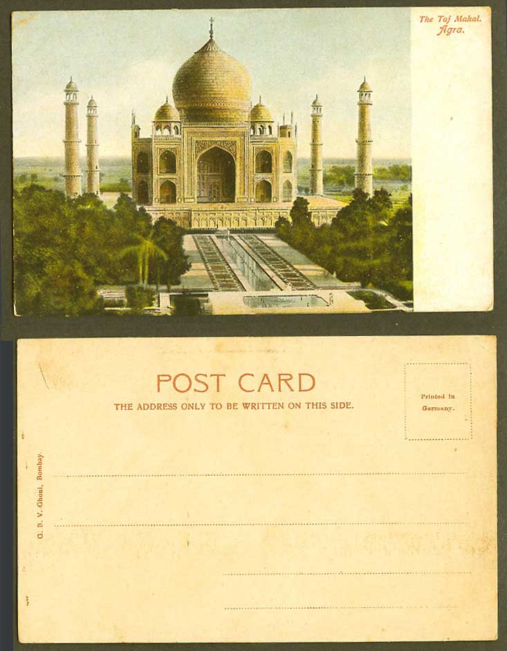 India Old U.B. Colour Postcard The Taj Mahal Agra Gardens Fountains Tower Palms