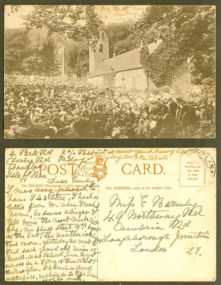 Isle of Man Old Postcard Sunday Service KIRK BRADDAN Braddan Church, Tower Crowd