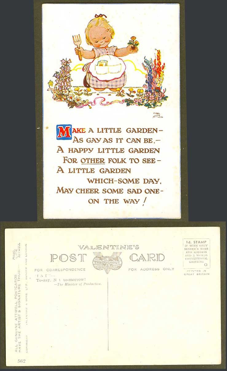 MABEL LUCIE ATTWELL Old Postcard Girl, Make Happy Garden As Gay As It Can Be 562