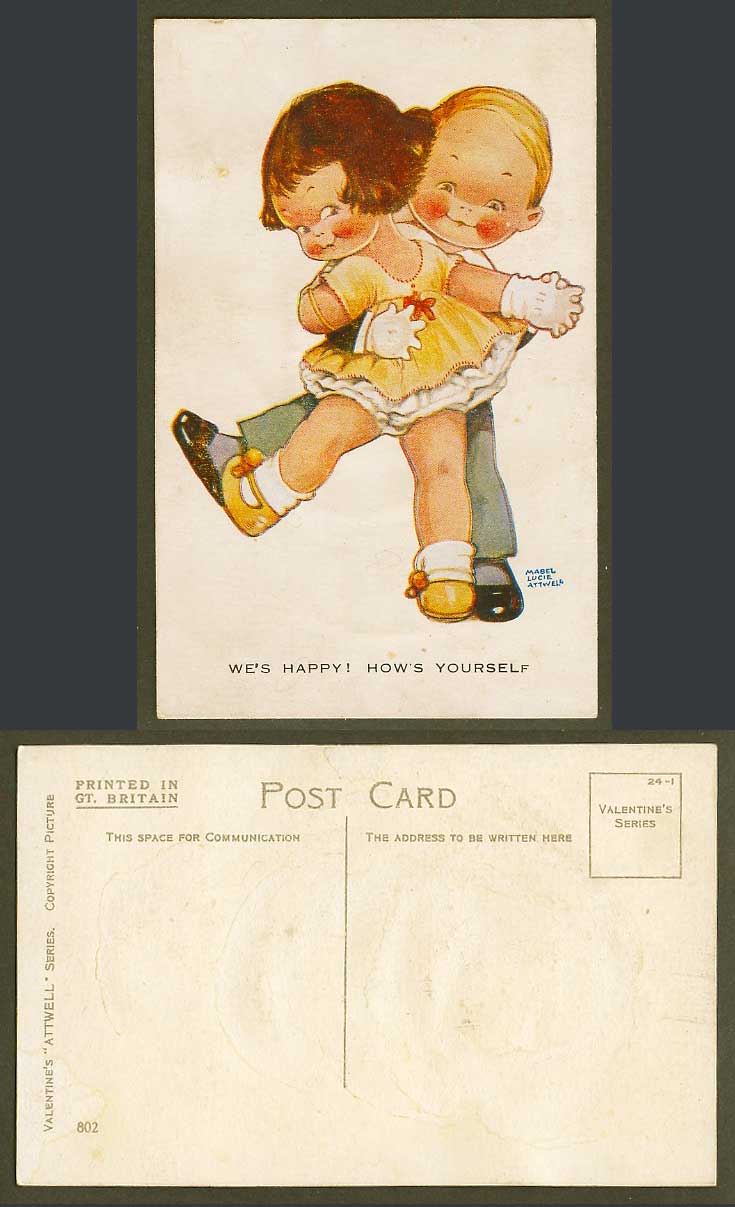MABEL LUCIE ATTWELL Old Postcard We's Happy How's Yourself? Boy Girl Dancers 802
