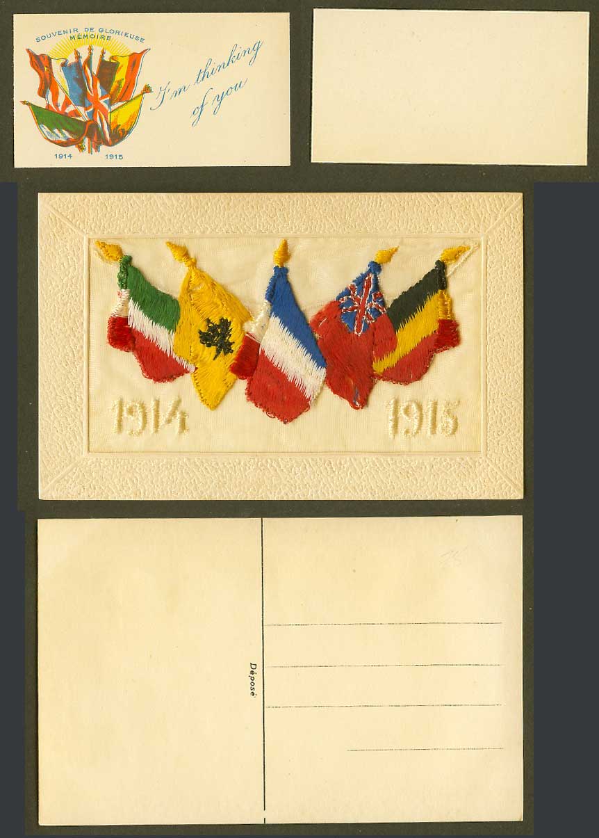 WW1 SILK Embroidered 1914 1915 Old Postcard Flags, I'm Thinking of You in Wallet