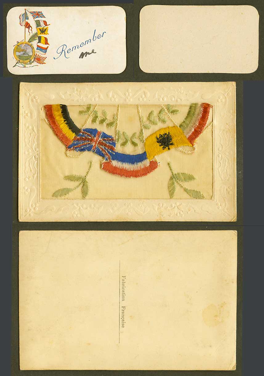 WW1 SILK Embroidered Old Postcard Flag Flags Warship, Remember Me Card in Wallet