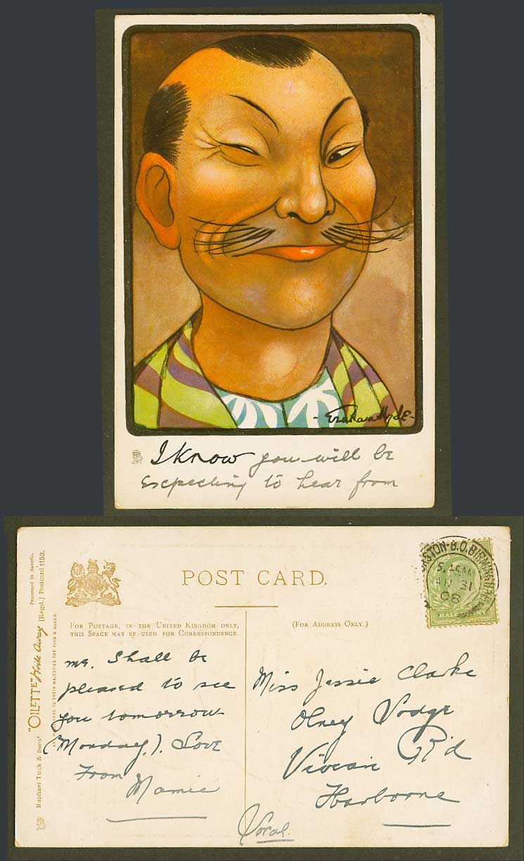 Japan Japanese Man Graham Hyde I Know 1908 Old Postcard Tucks Oilette Write Away