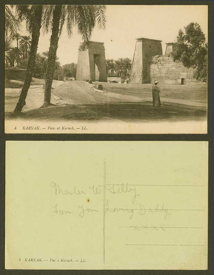 Egypt Old Postcard Karnak Temple Ruins Gate Palm Trees Native Arab Man L.L. No.4