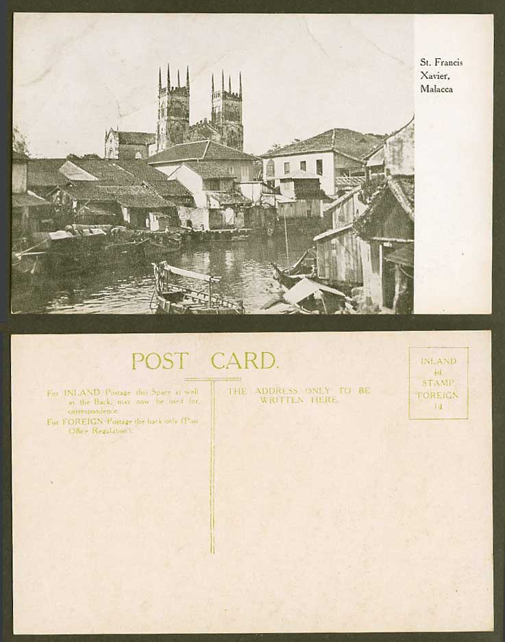 Malacca Church of St. Francis Xavier River Scene Native Boats House Old Postcard