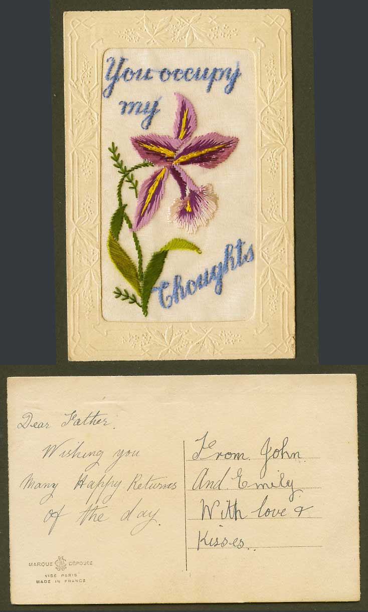 WW1 SILK Embroidered Old Postcard You Occupy My Thoughts, Cattleya Orchid Flower