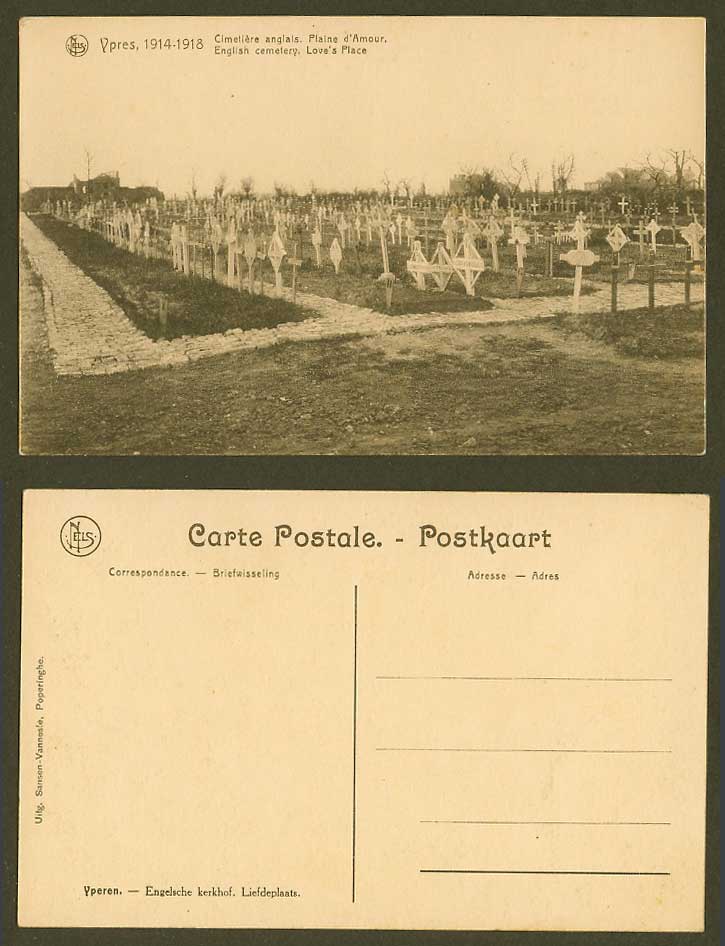 WW1 Ypres 1914-1918 Old Postcard English Cemetery Love's Place Crosses Cimetiere