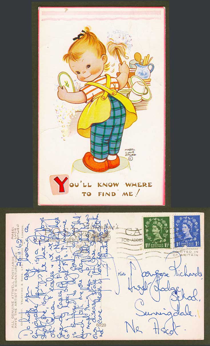 MABEL LUCIE ATTWELL 1962 Old Postcard You'll Know Where to Find Me! Dishes 6020