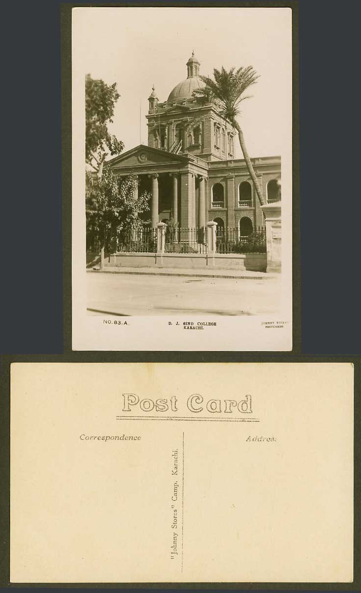 India Old Real Photo Postcard D.J. Sind College School Karachi, Street Palm Tree