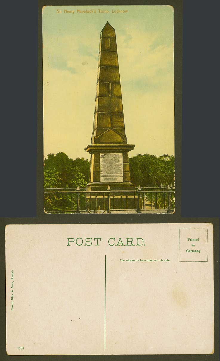 India Old Colour Postcard Sir Henry Havelock's Tomb Lucknow, Grave Monument 1181