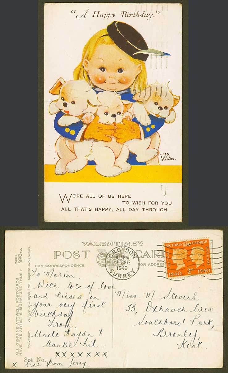 MABEL LUCIE ATTWELL QV KG 1940 Old Postcard Happy Birthday Dogs Puppies Set No.1