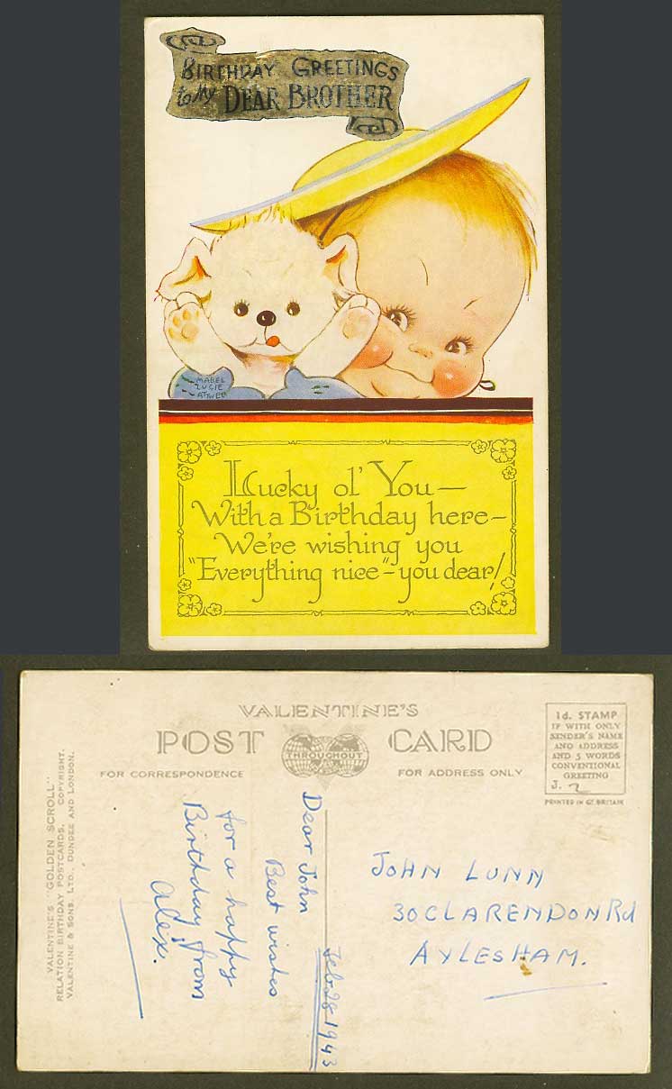 MABEL LUCIE ATTWELL 1943 Old Postcard Golden Scroll Relation Birthday To Brother