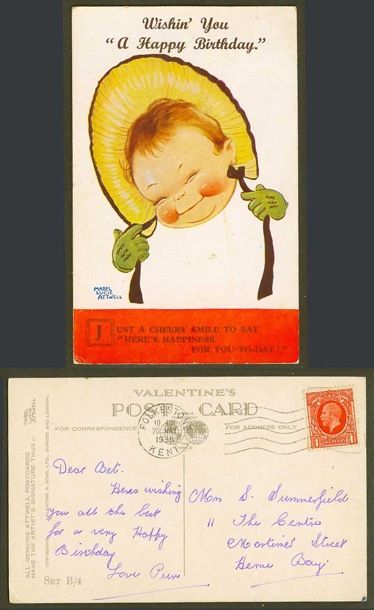 MABEL LUCIE ATTWELL 1936 Old Postcard Wish U Happy Birthday Cheery Smile Set B/4