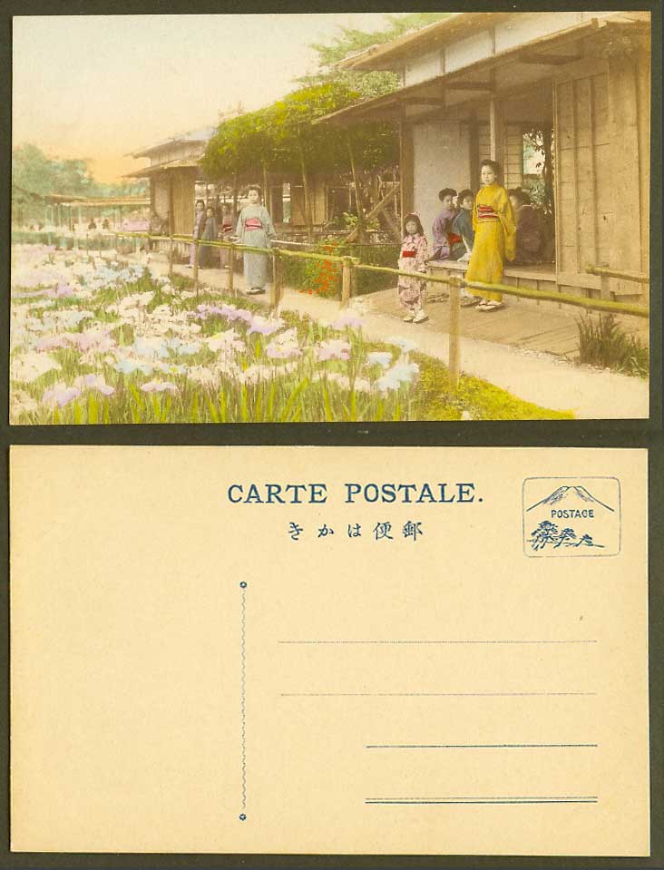 Japan Old Hand Tinted Postcard Iris Garden Flowers Geisha Girls Women Ladies 菖蒲園