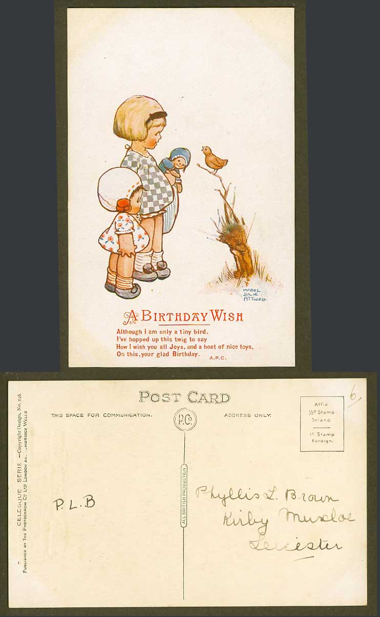 MABEL LUCIE ATTWELL Old Postcard A Birthday Wish, A Tiny Bird Hopped Up Twig 246