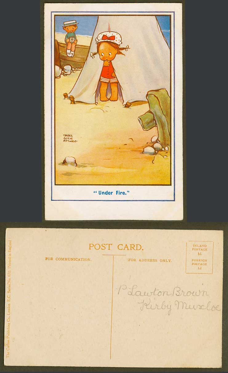MABEL LUCIE ATTWELL Old Postcard Under Fire. Boy Girl Children Tent on Beach 670