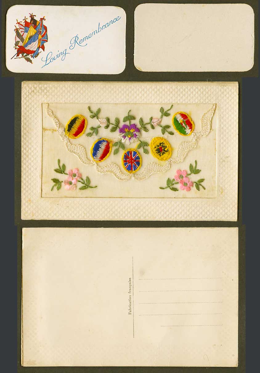 WW1 SILK Embroidered Old Postcard Flowers, Flags Arms, Loving Remembrance Wallet