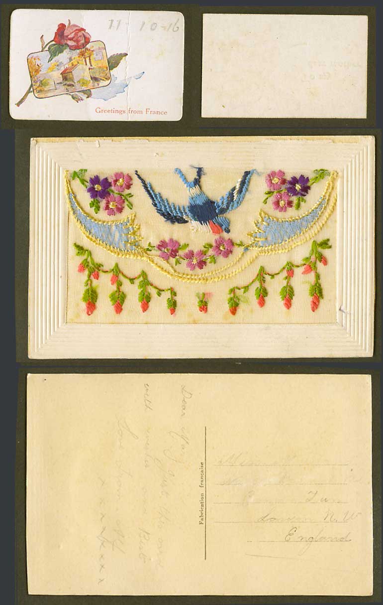 WW1 SILK Embroidered 1916 Old Postcard Bird Flowers Greetings from France Wallet