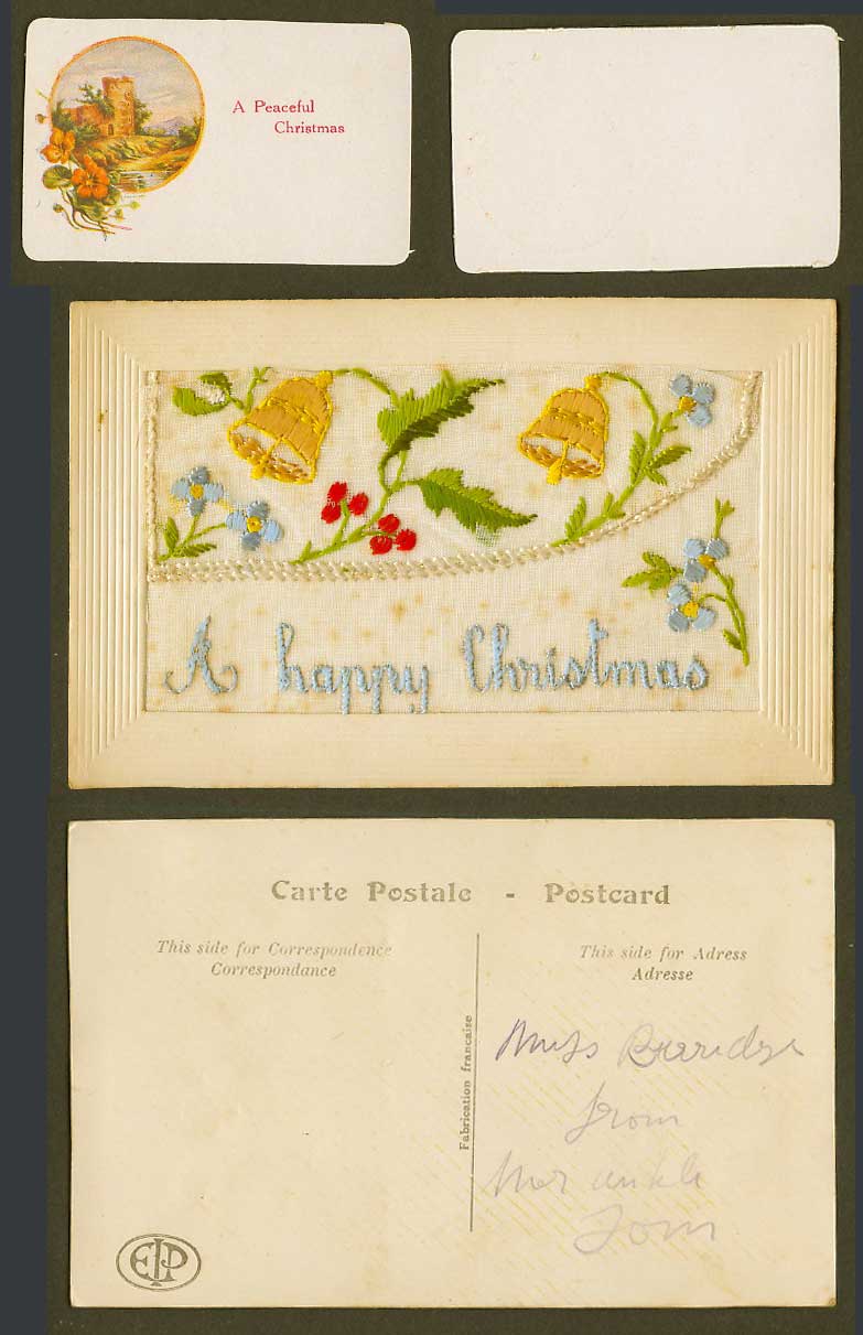 WW1 SILK Embroidered Old Postcard A Happy Christmas, Bells Holly Flowers, Wallet