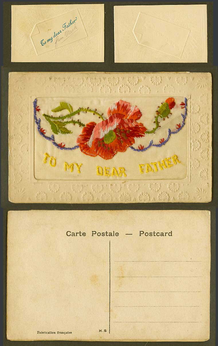 WW1 SILK Embroidered Old Postcard To My Dear Father Poppy Flowers Card in Wallet