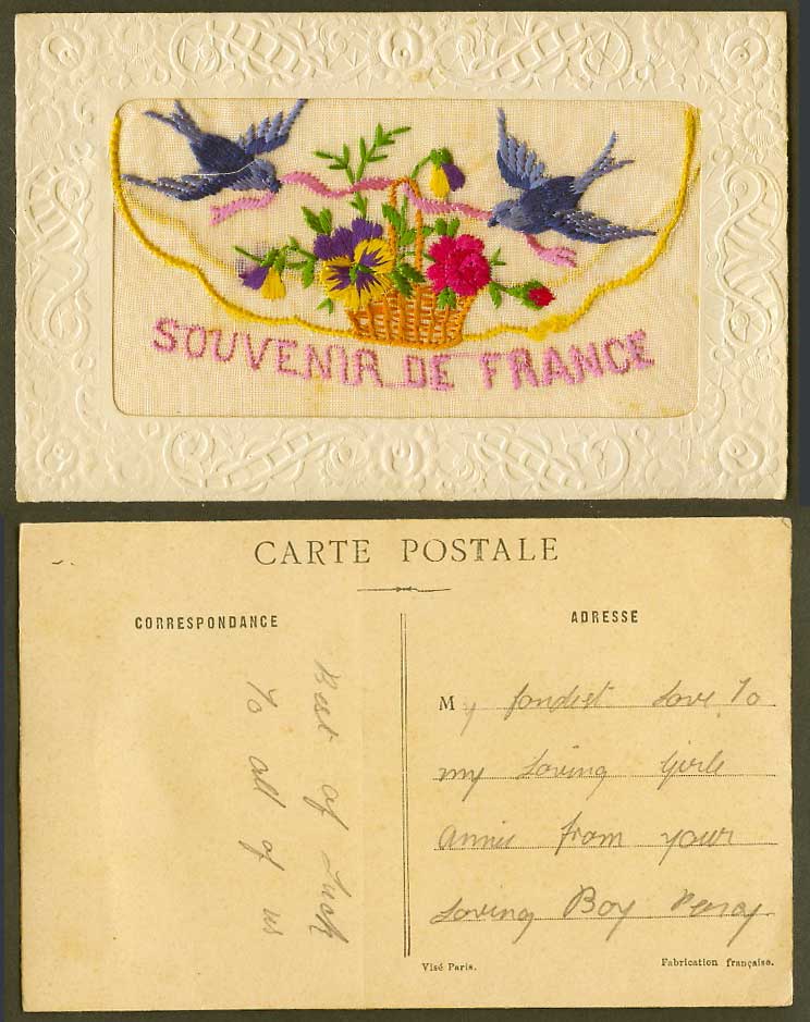 WW1 SILK Embroidered Old Postcard Souvenir from France Bird Flower Basket Wallet