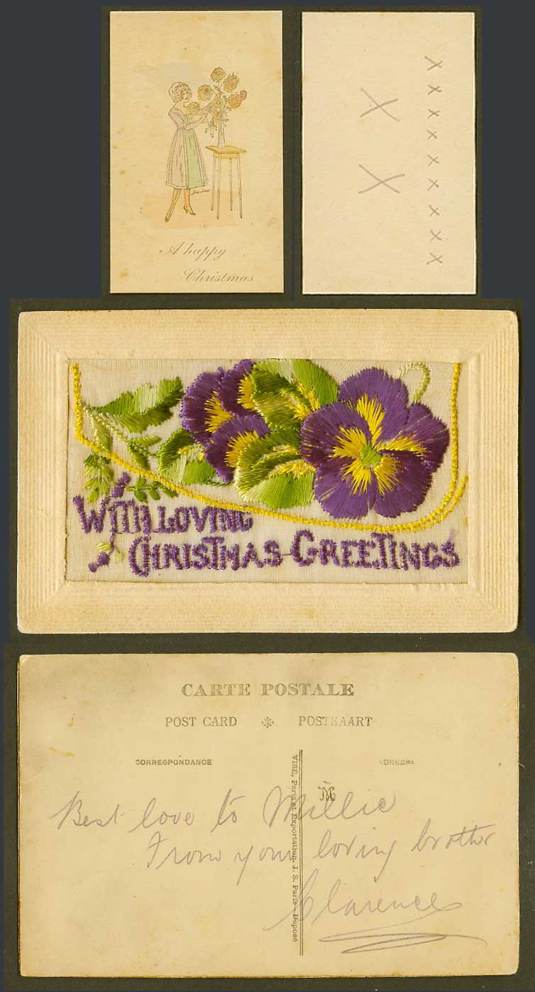 WW1 SILK Embroidered Old Postcard With Loving Christmas Greetings Flowers Wallet