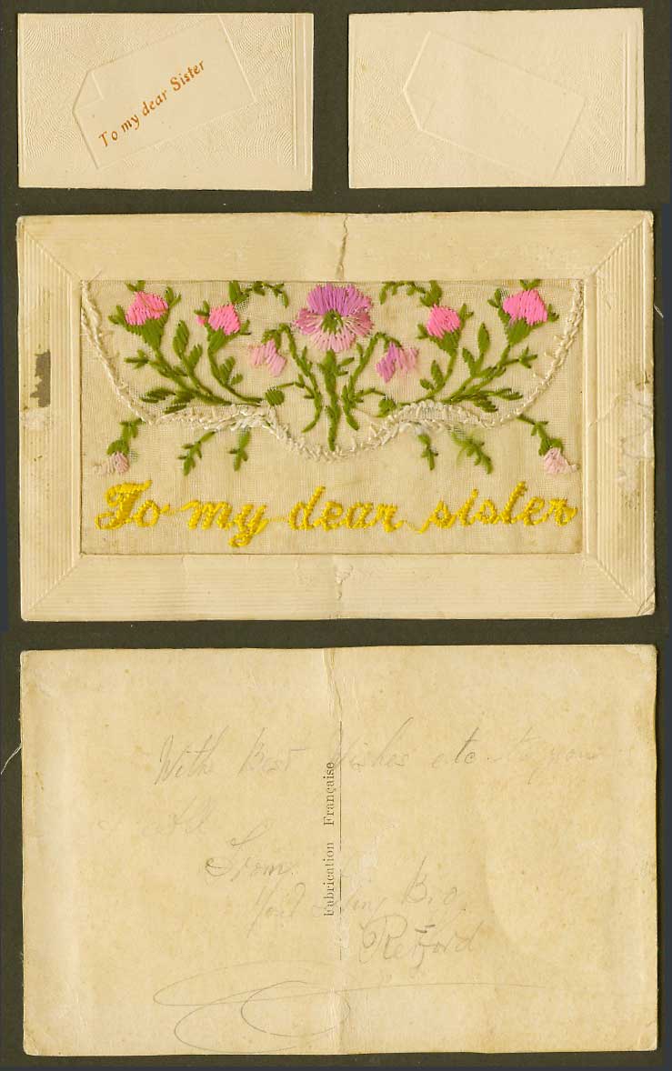 WW1 SILK Embroidered Old Postcard To My Dear Sister Flowers Small Card in Wallet