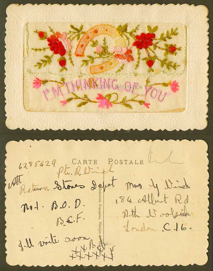 WW1 SILK Embroidered Old Postcard I'm Thinking of You, Horseshoe Flowers, Wallet