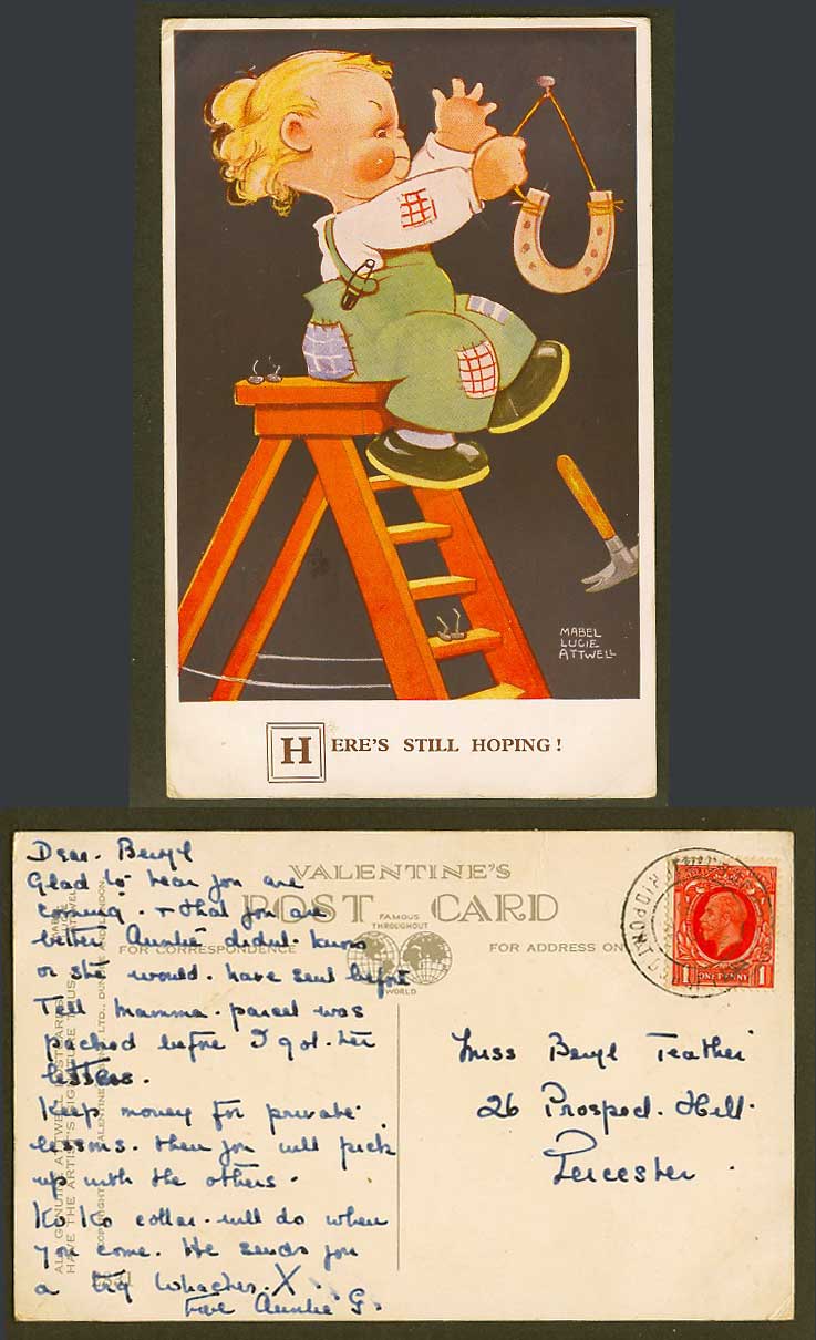 MABEL LUCIE ATTWELL 1936 Old Postcard Here's Still Hoping! Ladder Horseshoe 2831