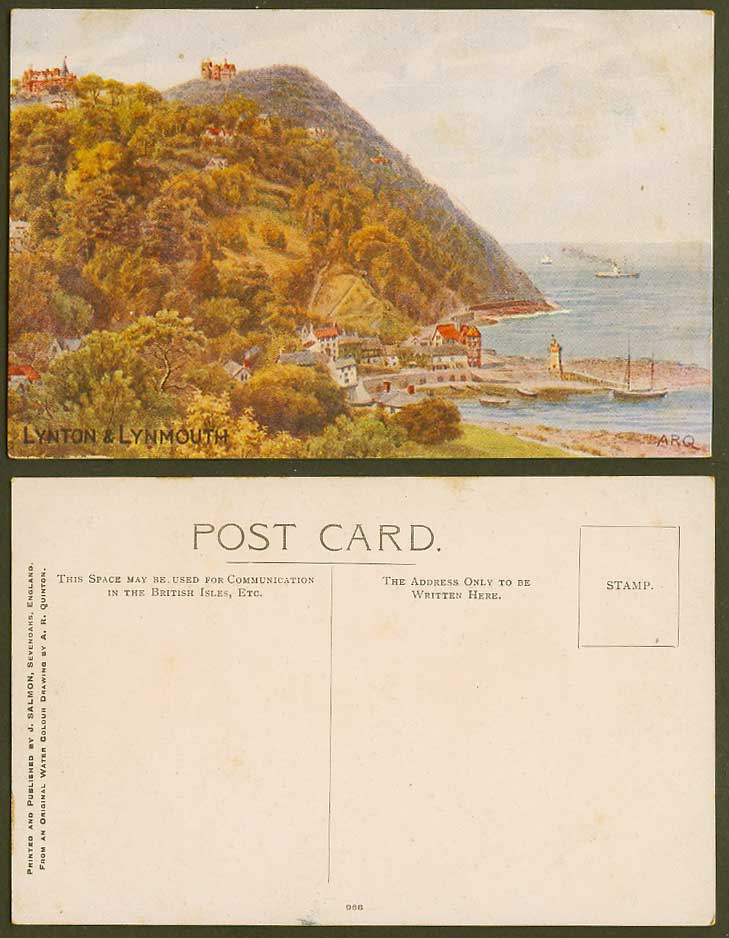 A.R. Quinton Old Postcard Lynton and Lynmouth Devon Harbour Boats Lighthouse 968